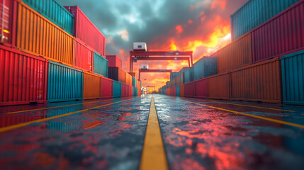 Colorful Array of Shipping Containers in a Cargo Terminal - obrazy, fototapety, plakaty