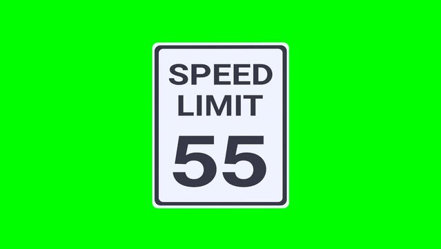 Appearance of a rectangular black and white 55 mph speed limit road sign from the USA on a green background, transparent background with alpha channel in flat design style