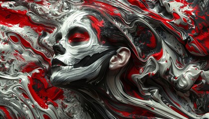 A woman's face is painted in red and white with a skull on her forehead. The painting is abstract and has a dark, eerie mood
