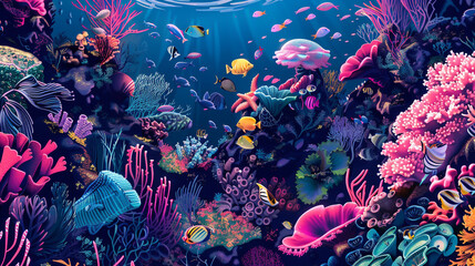 Fototapeta na wymiar Illustrate a vibrant underwater world with exotic sea creatures.