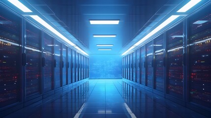 Fototapeta premium Futuristic Cloud Computing Data Center with Rows of Servers and Vast Storage Capacity