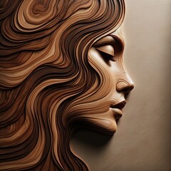 A woman's face is carved out of wood, with her hair flowing down her back