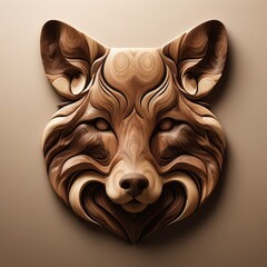 A wooden fox head with a wooden nose and a wooden mouth