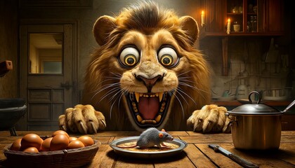 A lion is sitting at a table with a plate of food in front of it