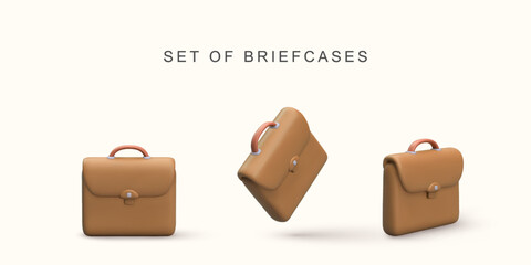 3d realistic Set of briefcases on white background. Vector illustration.