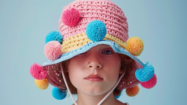 A girl wearing a colorful hat with pom poms