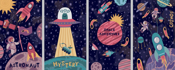 Space posters. Children astronaut in spacesuit. UFO rocket and alien in galaxy. Sky Earth and science pattern. Kids design. Cosmos adventure. Mystery universe. Vector cartoon banners set