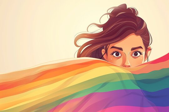 Portrait of Woman with Windblown Hair Above the Colors of the Rainbow Flag