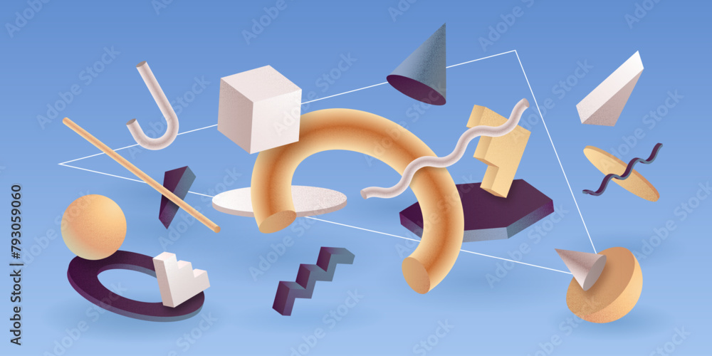 Poster 3d motion design. Graphic shapes, isometric triangle poster with realistic futuristic falling objects, space. Minimal background design with geometric shapes. Vector elements composition