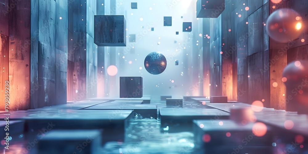 Poster futuristic floating geometric shapes in glowing sci fi environment for game concept