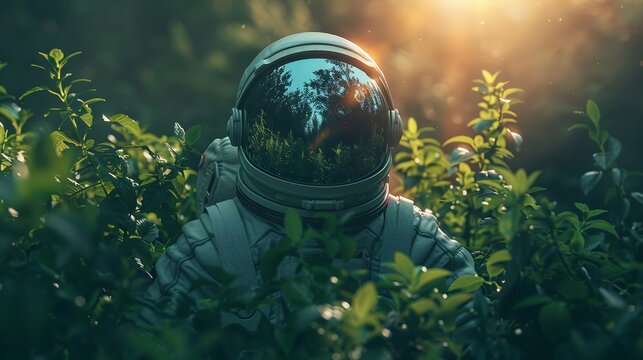 Astronaut blue visor discovers hidden Martian vegetation, sunlight filters through thin atmosphere 3D, awe of potential life 02