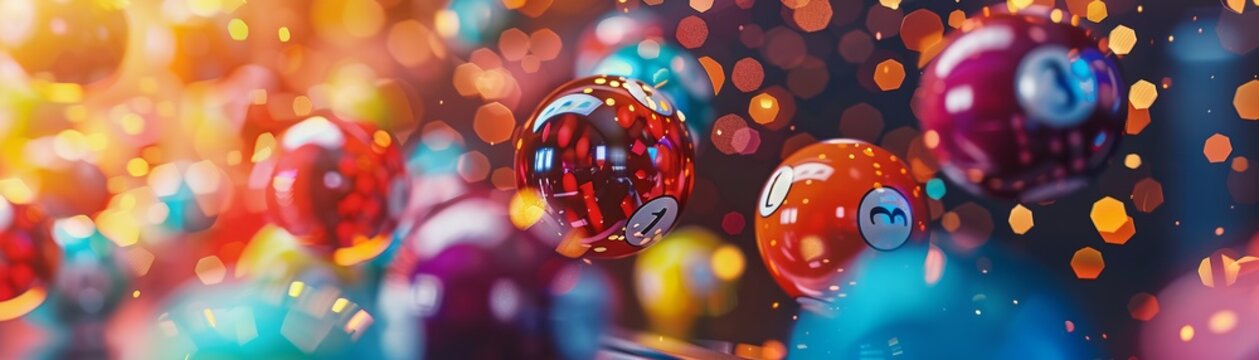 Cinematic CloseUp Bingo Balls Colorful bingo balls cascade down a chute in slow motion Light filters through, creating swirling colors and numbers 04