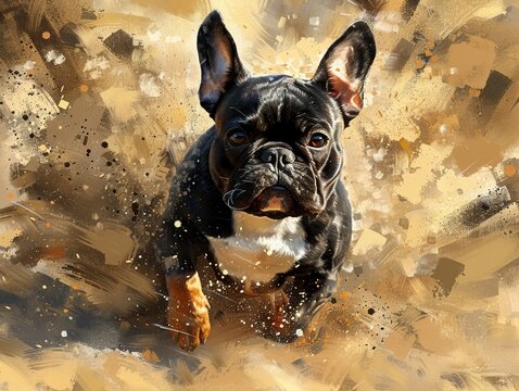 Frantic French Bulldog scratches fleas, dust motes dance in sunlight Digital painting, dogs discomfort 01