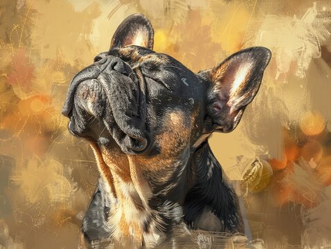 Frantic French Bulldog scratches fleas, dust motes dance in sunlight Digital painting, dogs discomfort 02