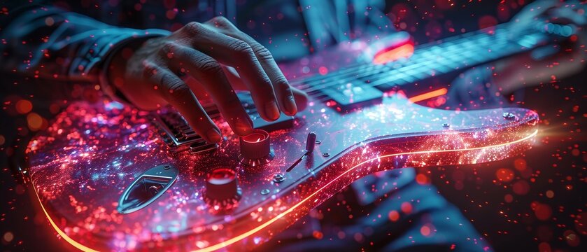 Futuristic electric guitar, holographic display, musicians hand with light trails Closeup, hyperrealistic 3D 01