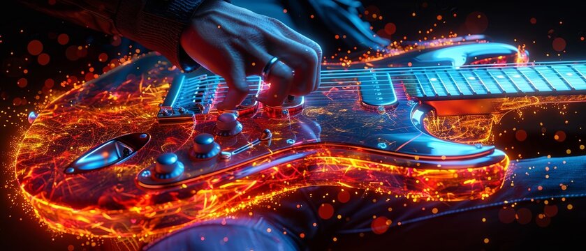 Futuristic electric guitar, holographic display, musicians hand with light trails Closeup, hyperrealistic 3D 03