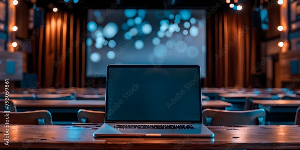 Poster presentation setup in a theater style auditorium with laptop and digital backdrop