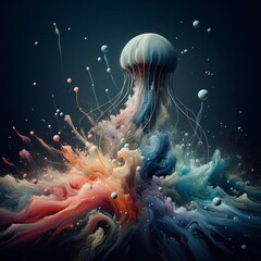 Colored jellyfish painted with oil paints on a textured background. AI generated. - obrazy, fototapety, plakaty