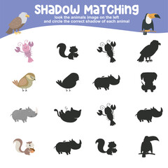 Look the image on the left and circle the correct shadow of each image. Find the correct shadow. Printable activity page for kids. Learning Game. Vector file.