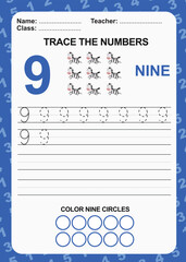 Trace and write number for children. Exercise for children to recognize the number. Kids educational game. Printable worksheet for preschool. Exercises lettering game for kids. Vector file.