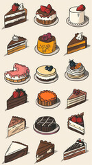 a collection of cakes, drawn in the style of a New Yorker Cartoon, plain background, minimalist - obrazy, fototapety, plakaty