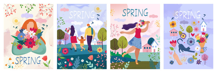 Spring posters. Family flowers, tree and people for summer or may kid background, doodle pet in forest park, blossom bouquets. Summer landscape, print design. Vector cute illustration set