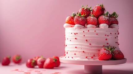 Whole strawberry cake on geometric stand, pastel background with subtle geometric shapes Clean 3D, vibrant details 01