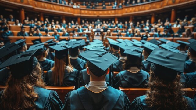 A large group of people wearing graduation caps sit in a room