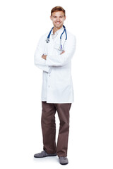 Man, doctor and happy in studio for health care on white background, smile and satisfied with career. Medical professional, portrait and confident on job, growth and support as cardiologist.