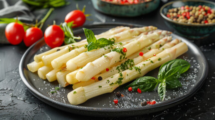 Close-up of delicious white Asparagus on dark plate. - obrazy, fototapety, plakaty