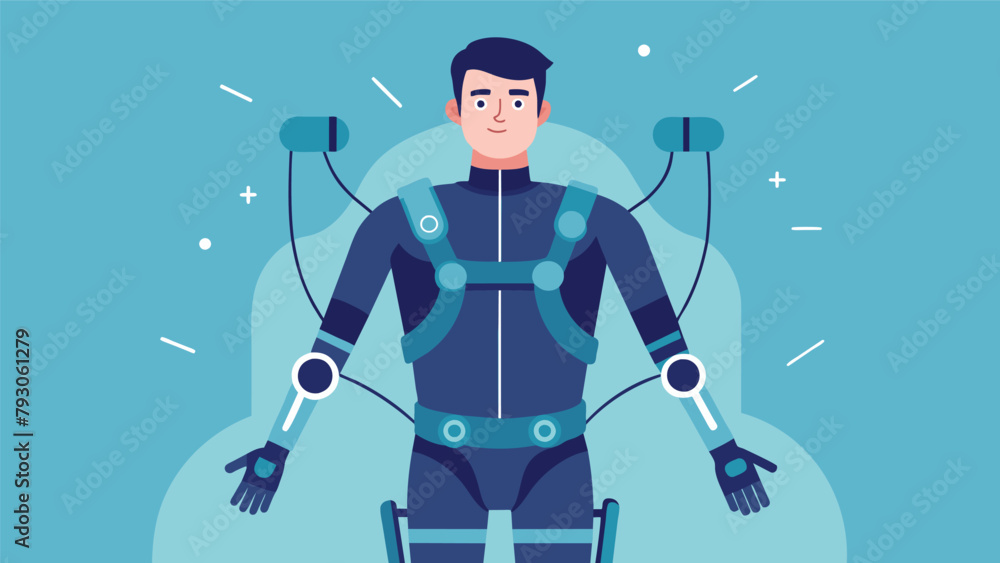Poster a man with a spinal cord injury using a futuristic exoskeleton suit and neural sensors to aid in his