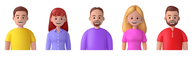 3d characters. Man and woman smiling, happy people face avatars, business team of female and male heads, girl and boy isolated render human in minimal t-shirt. Vector cartoon illustration