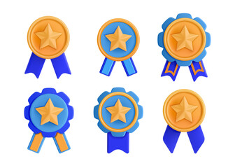 3D medal icon. Quality gold star for certificate or award. Championship reward. Trophy render badge. Customer rating. Guarantee medallion with ribbons. Vector achievement prizes set