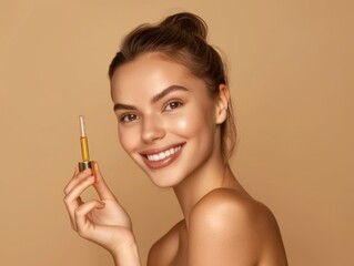 Fototapeta premium Skin care concept. Beauty portrait of smiling young woman girl holding pipette with cosmetic oil or serum near clean face.