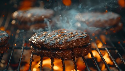 Beef patties sizzling on the grill - obrazy, fototapety, plakaty