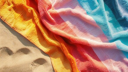 Beach towel with bright rainbow colors laying on sand with footprints. - obrazy, fototapety, plakaty
