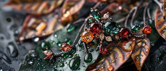 Fototapeta na wymiar Exquisite custom jewelry captures the essence of nature with designs inspired by delicate leaves and fresh water droplets, showcased in a close-up, elegant style.