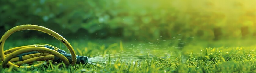 Naklejka premium Close-up of a garden hose spraying water on green grass in the early morning sun.