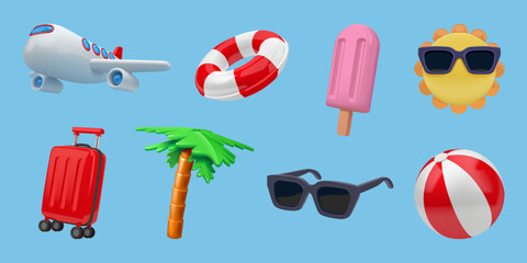 Beach icons. 3D summer vacation or travel objects. Holiday journey. Sun glasses and tropical palm. Sunbathing umbrella. Render plane and sea ball accessory. Tourists bag. Vector cartoon set