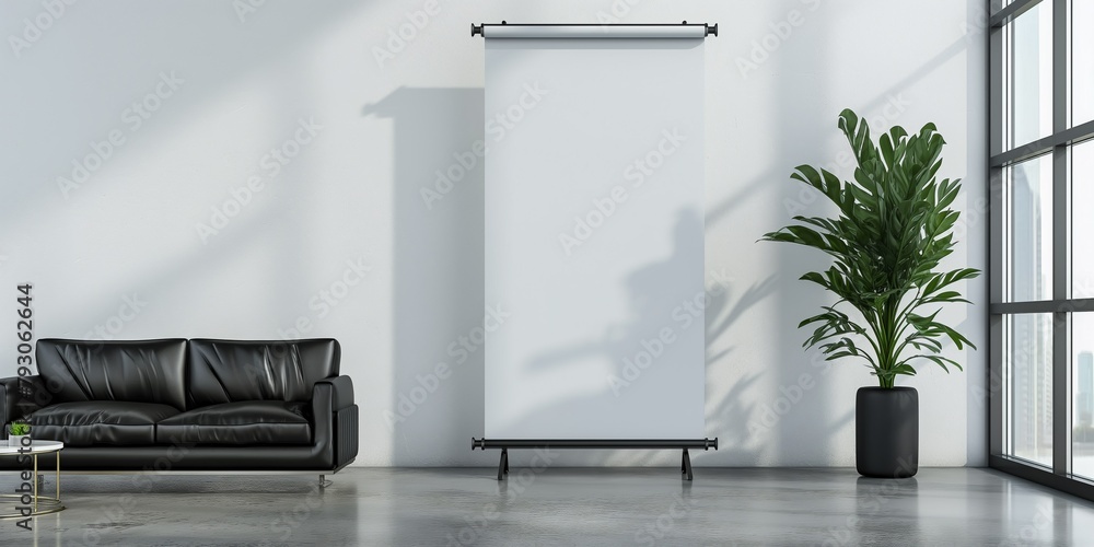 Wall mural pull up banner mockup stands in the building reception hall next to black modern sofa. blank roll up