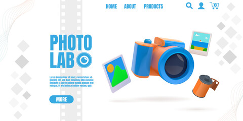 Photography camera. Photo lab landing page. 3D snapshot and reels. Website design template. Realistic photographic equipment. Pictures and likes render object. Vector web background