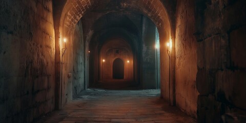 Dark dungeon backgrounds, long scary medieval castle corridor with torches. Endless mystical nightmare and opportunity for secret treasure, game, Halloween, party event card backgrounds.