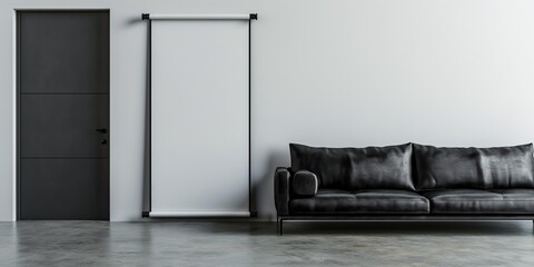 Pull up banner mockup stands in the building reception hall next to black modern sofa. Blank roll up poster for advertising or marketing message in modern interior