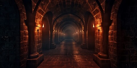 Dark dungeon backgrounds, long scary medieval castle corridor with torches. Endless mystical nightmare and opportunity for secret treasure, game, Halloween, party event card backgrounds. - obrazy, fototapety, plakaty