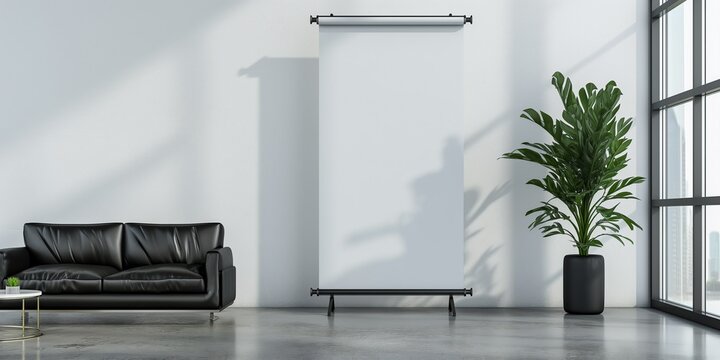Pull up banner mockup stands in the building reception hall next to black modern sofa. Blank roll up poster for advertising or marketing message in modern interior
