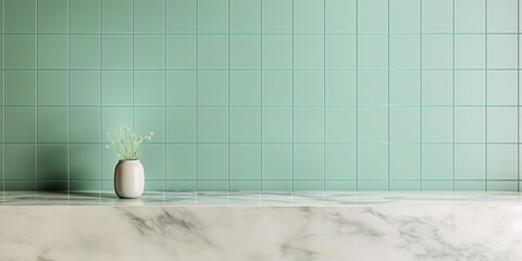 abstract fresh mint green modern tiles interior bathroom wall with white marble pattern tabletop for show,ads,design product on display concept, copy space, mock up.