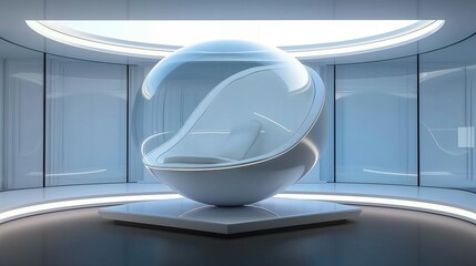 Empty futuristic display glass capsule mock up in high tech style lab for digital product display, 3d transparent showcase with seat, for space travel interior design, time machine, spacecraft control