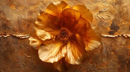 A golden chrysanthemum petal lying on a matte gold canvas, accentuated with a layer of gold leaf.