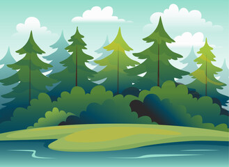 Campsite tent. Nature landscape. Scenic wild forest and river water. Fir trees. Empty lake shore. Summer vacation. Hiking adventure. Expedition in woodland. Vector panorama background