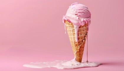 pink ice cream cone melting on pink background